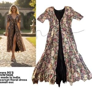 90's vintage corset lace up front back made in india midi dress small